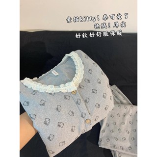 小柴兔~甜美蕾絲花邊圓領可愛Kitty貓加厚德絨睡衣女冬季加絨保暖居家服