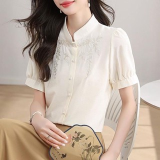新中式國風刺繡短袖立領襯衫女高級感氣質襯衣夏季新款上衣潮 刺繡襯衫 襯衣 短袖上衣 國風襯衫 新中式襯衫 復古立領襯衫