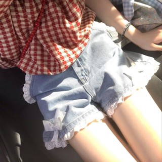 【PING'S🌞】蕾絲 花邊 牛仔 短褲 夏季 日系 可愛 蝴蝶結 高腰 百搭 闊腿褲 熱褲 學生 日系夏裝