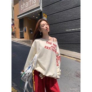 【店鋪熱銷】美式辣妹字母印花衛衣早秋設計新款寬鬆2025斜肩秋季長袖上衣