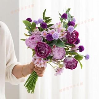 花蓮免運♕婚禮模擬花束 客廳擺件塑膠假花 插花婚慶手捧花仿真花焦邊玫瑰裝飾 人造玫瑰花束