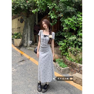 假兩件蝴蝶結印花短袖連衣裙女 夏季氣質蕾絲花邊收腰顯瘦A字長裙 高階感氣質出眾素色連衣裙女裝 女裙裝 連身裙