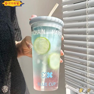 ✨居有趣✨ 750ml玻璃水杯 女茶水分離泡茶杯 新款吸管杯 家用喝水大容量果汁杯子 提手咖啡隨行吸管杯 透明飲