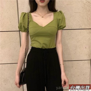 🔥【最熱賣】泡泡袖純棉短袖T恤|夏季新款小心機打底衫ins潮|韓版V領修身T恤女|純色短袖t恤|百搭短袖上衣fuz