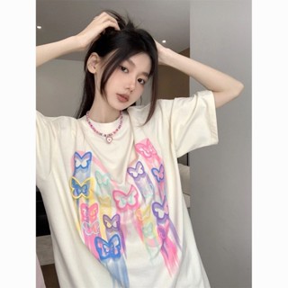 百搭圓領上衣潮 夏季 【1436人收藏】100%純 棉蝴蝶 馬卡龍 奶甜係 印花 短袖 T恤 女 夏季 寬鬆 百搭 圓領