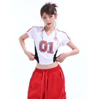 美式足球服 美式球衣 復古球衣 棒球衣 棒球上衣 橄欖球衣 棒球衣服 冰球服 看球美式複古休閒運動風短上衣女百搭撞色V領