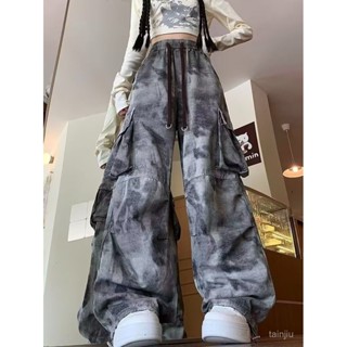 Caveman甄選美式迷彩工裝褲女複古鬆緊腰直筒潮牌闊腿嘻哈跳舞運動休閒褲休閒長褲
