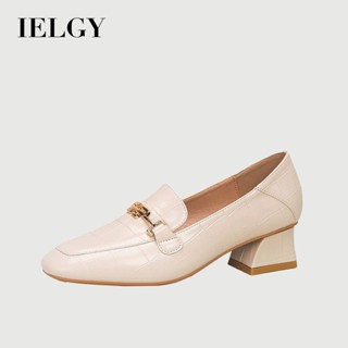 IELGY 新款百搭粗跟金屬方頭皮鞋