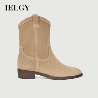 IELGY 尖頭粗跟西部牛仔靴女2025秋冬英倫風短靴