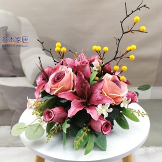 新款 餐桌高檔假花玫瑰花居家新房裝飾絹花婚慶酒店花藝插花套裝仿真花 三木家居