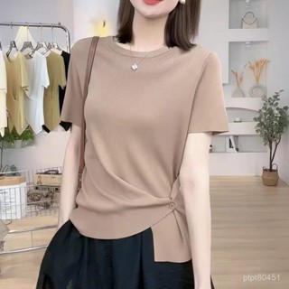 女裝 短袖女 T恤女 大尺碼女裝 短袖T恤女新款夏季寬鬆顯瘦下擺不規則遮肉小眾特色百搭上衣
