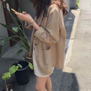 低價免運❥夏天套裝 韓版棉麻小西裝外套女2025春秋新款韓版寬鬆休閒chic亞麻薄款西裝復古 粉色套服 情侶套裝 粉色套