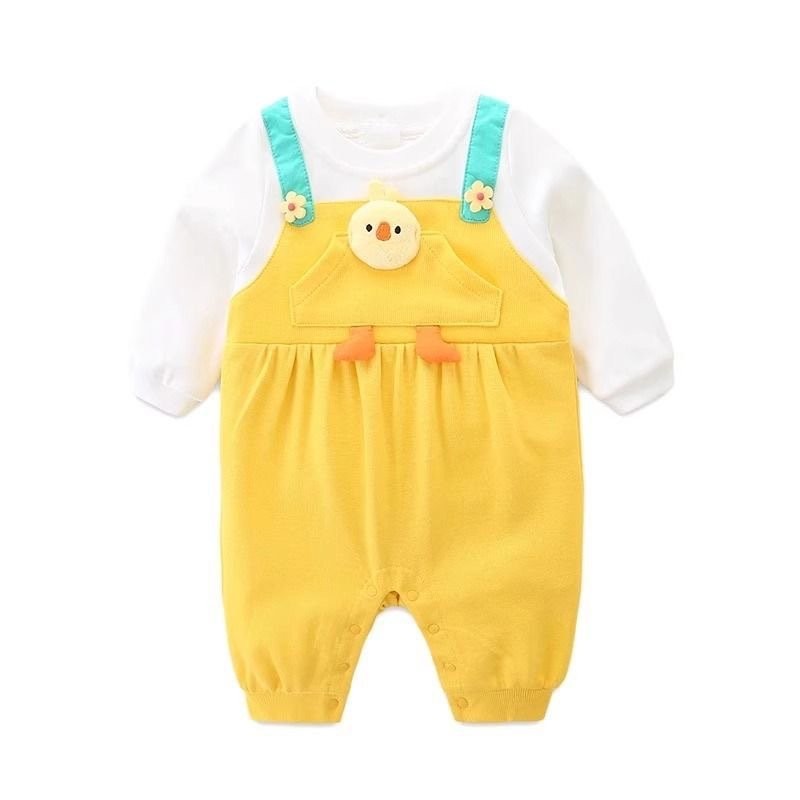 🍭嬰幼兒25春秋連身衣🍭嬰幼兒春秋連身衣服 可愛小鷄假兩件男女寶寶卡通哈衣 超萌洋氣帶帽爬服 寶寶長袖造型服