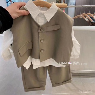 【Playful 萌童坊 】男童秋季套裝2025新款潮酷兒童秋裝男寶寶帥氣休閒西服馬甲三件套兒童錶演服 花童禮服 畢業服