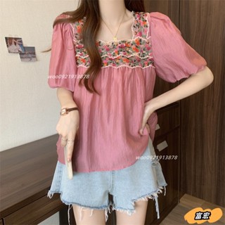 M-4XL可愛刺繡方領上衣蕾絲雪紡襯衫夏季透氣軟上衣woo0921913878