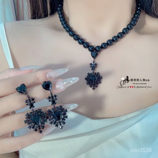 項鏈 耳環 手鏈 套裝 名媛風 聚會 道具 重要場閤 酷黑鋯石花黑珠耳釘項鏈套裝氣質鎖骨鏈精緻法式高階感飾品 禮服配飾