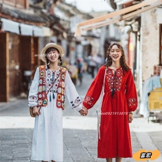 新款西藏雲南民族風長裙刺繡棉麻白裙度假出遊洋裝超仙旅行女裝新款woo0921913878