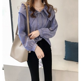 【W-SHOP】ⓀM-4XL 大尺碼襯衫 雪紡襯衫 長袖襯衫上衣 條紋心機上衣娃娃領繫帶打底襯衫學生長袖T恤女