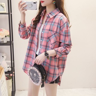 【W-SHOP】Ⓚ韓版大尺碼上衣女學生格子襯衫女長袖版寬鬆春秋裝新款學院風外穿襯衣外套襯衫寬鬆上衣顯瘦上衣長袖襯衫長袖上