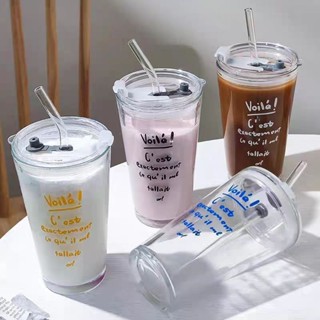 ✨新店促銷☜桃園出貨✨【30天熱銷1537件】ins高顏值新款咖啡杯玻璃杯子水杯字母印花吸管杯大容量帶蓋水杯