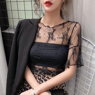【WIK】 透視性感蕾絲衫女 短袖T恤 INS薄紗內搭紗衣 氣質鏤空網紗上衣 韓版夏季女裝