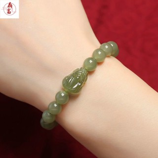 和田玉小貔貅手鏈男圓珠子碧玉翡翠綠皮丘恘手串女生青玉石閨蜜夏