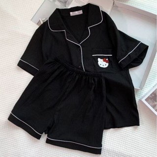 SF🎁純棉黑色kitty睡衣女士ins風夏季短袖短褲可愛卡通學生家居服套裝