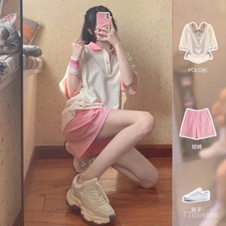 ✨ZeR0'衣櫥✨單件/套裝夏季學院風運動休閒上衣闊腿短褲時尚鹽甜兩件套裝女夏裝 短袖裙子 套裝