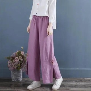 文藝復古刺繡純色開叉闊腿褲女松緊腰棉麻休閑裙褲寬松系帶長褲子 復古 文藝 大尺碼 長褲 夏季褲子 寬褲 闊腿褲 直筒褲