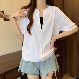 VOVA本鋪 大碼女裝 夏季假兩件v領短袖女T恤胖mm遮肚子顯瘦寬鬆設計感短上衣