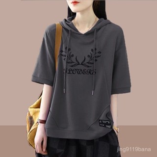 【VIVI安】女裝 短袖帽T 胖mm大尺碼女裝100%純棉連帽短袖衛衣洋氣女士新款夏季短袖T恤大碼寬鬆休閒上衣