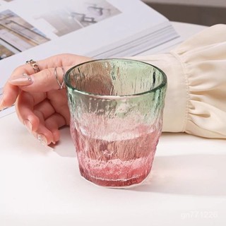 玻璃杯🍸漸變色冰川紋玻璃杯 高顔值ins磨砂日式杯 透明咖啡杯子 家用商用冷飲杯 奶茶咖啡杯 美式澳白杯