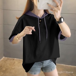 【VIVI安】胖mm大碼女裝 短袖帽t 連帽拚色短袖T恤女裝純棉簡約寬鬆顯瘦夏季新款洋氣上衣女潮