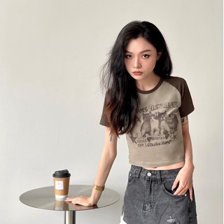 Miss推薦✈2025夏季美式復古修身辣妹顯瘦純欲貓咪印花正肩短款短袖T恤上衣