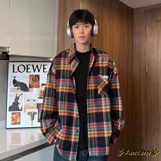 ✨Fancern✨ 臺灣出貨 美式復古學院風襯衫 格子襯衫男女 長袖襯衫 薄外套 韓版 條紋襯衫 情侶百搭外套 韓版翻領