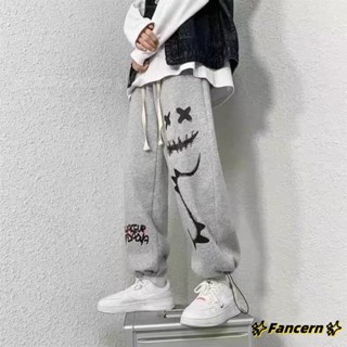 ✨Fancern✨ 臺灣出貨 M-8XL港風休閑衛褲男士潮流大碼抽繩束腳褲夏秋季卡通印花闊腿九分褲子 長褲男 束腳褲 休