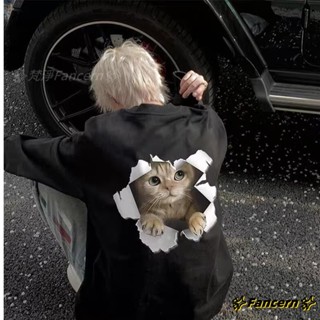 ✨Fancern✨ 臺灣出貨 小貓印花美式復古白色長袖t恤男女新款爆款春秋寬鬆打底衫內搭上衣潮 ins風 長袖T恤 秋冬
