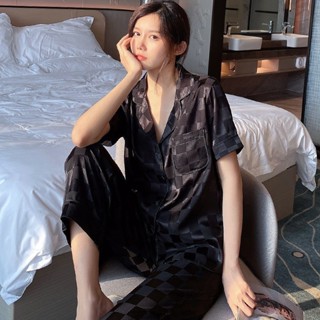 方格夏季冰絲睡衣女士大碼高階感開衫時尚休閒短袖長褲家居服套裝夏天睡衣 流行睡衣居家服 禮物
