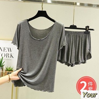 【Your】韓國睡衣女 女生睡衣 莫代爾短袖T恤女夏天睡衣內搭花邊打底衫寬鬆大尺碼短褲短袖上衣居家睡衣套裝 夏季睡褲彈力