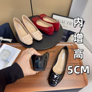 瑪麗珍鞋 一腳蹬 娃娃鞋 平底鞋 通懃鞋 小皮鞋 大碼女鞋 經典方扣增高5公分氣質淺口女鞋圓頭法式純慾通懃單鞋
