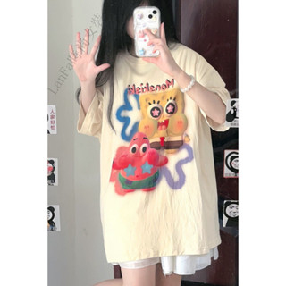LanFa時尚女裝/短袖T恤 女生上衣 短袖上衣 100%純棉美式夏日趣味卡通印花短袖T恤女寬鬆復古潮牌小眾上衣服