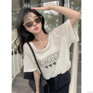 🤍CUSTOM🤍 甜辣鏤空針織罩衫女 拚接吊帶假兩件上衣女 夏季短袖高腰寬鬆遮肉防曬衫 女裝 A5