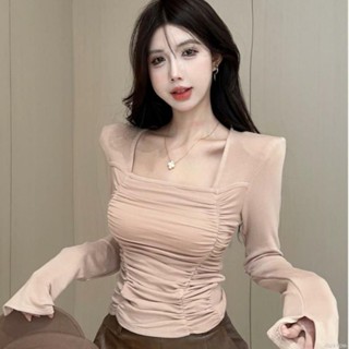 🤍CUSTOM🤍-小性感長袖T恤 法式褶皺方領上衣女春秋獨特別緻純慾風長袖T恤打底衫ins女裝 A5