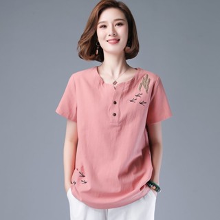Luzi🎀大尺碼短袖t恤女短袖上衣女上衣女短袖短袖棉麻T恤女夏季輕短袖上衣大碼高階體恤女士民族風衣服