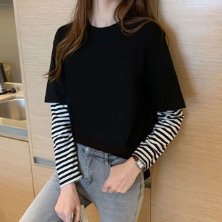🔥桃園出貨🔥2025秋季新款女裝上衣ins條紋拚接假兩件寬鬆大碼長袖T恤打底衫