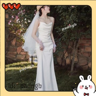 ✨臺灣熱銷✨法式輕婚紗訂婚登記婚宴洋裝晚宴禮服吊帶白色長裙超仙新娘婚紗攝影旅拍簡約緞面吊帶裙外景出門紗日常輕便小禮服AK
