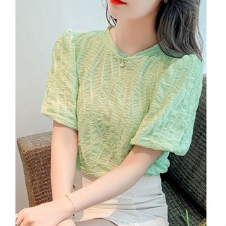 【雲裳集精品女裝】法式別緻漂亮小衫2025年夏季鏤空提花短袖圓領泡泡袖雪紡衫上衣女