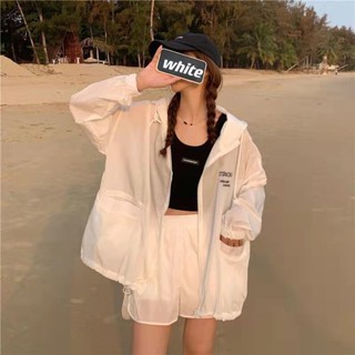 桃園出貨🔥白色連帽印花防曬衣女夏季2022年新款寬鬆百搭薄款長袖防曬衫外套 MKCO