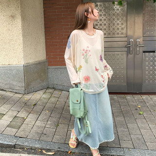 新款優惠 防曬罩衫 防曬外套 杏色複古印花網紗防曬罩衫女夏季2025年新款寬鬆輕薄微透圓領上衣