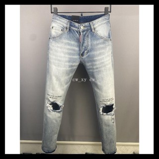 限時搶購 牛仔褲男士膝蓋破洞休閒長褲淺色高街潮牌字母印花顯瘦修身彈力牛仔褲直.筒仿舊簡約百搭緊身牛仔褲250415